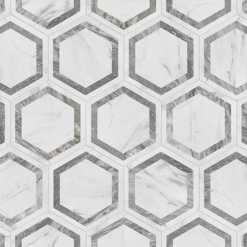 Merola Tile Marbilia Hex Venato Grey Geo with Biotech 11" x 13" Porcelain Floor and Wall Tile