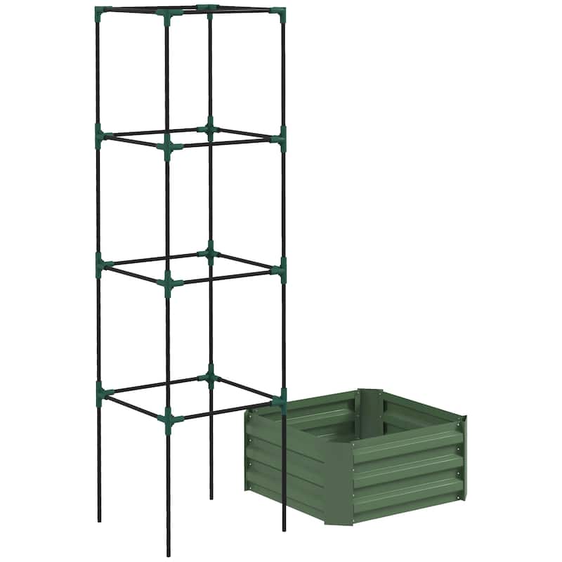 Outsunny Galvanized Raised Garden Bed, 24" x 24" x 11.75" Outdoor Planter Box with Trellis Tomato Cage and Open Bottom