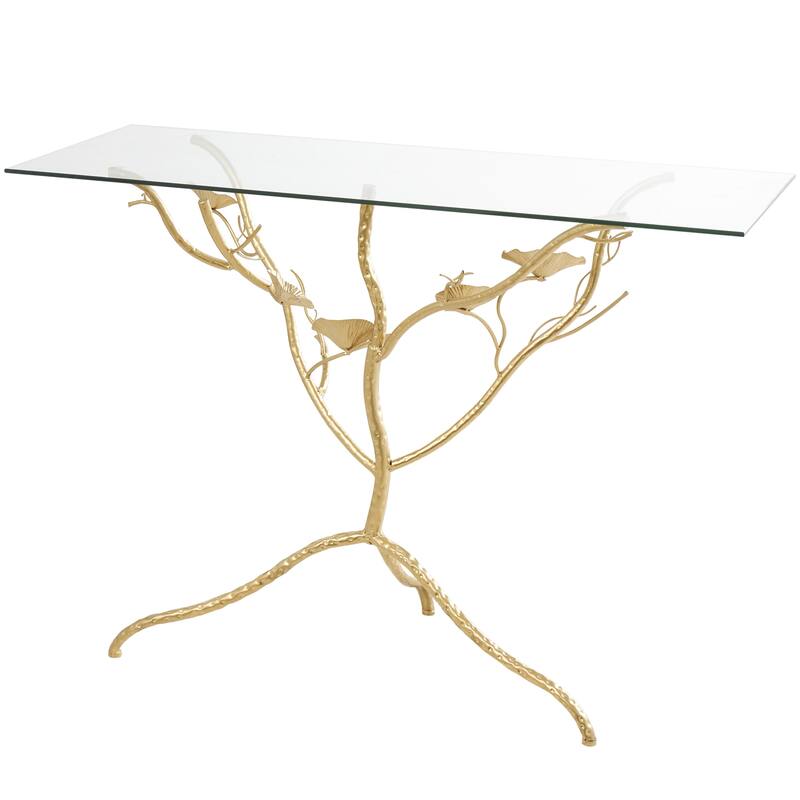 Metal Floral Branch Console Table with Tempered Glass Tabletop - Gold - Roche River Decor