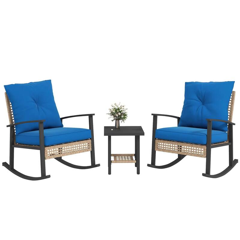 3-Piece Wicker Set, Rocking Chairs with Tufted Cushions,Coffee Table