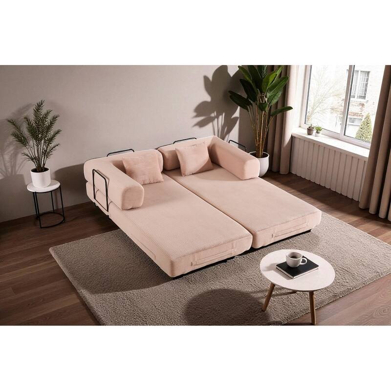 Convertible Corduroy Sleeper Sofa Bed, 4-in-1 Folding Mattress Couch with Cylindrical Pillow & Fixed-Shape Frame, No-Assembly