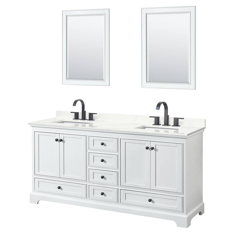 Deborah 72-inch Double Vanity, Quartz Top, 24-inch Mirrors - White, Black Trim, Giotto Quartz Top