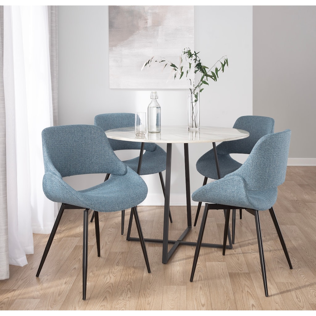 Cosmo-Fabrico Contemporary Dining Set In Black Metal, White Marble Tabletop And Blue Fabric By Lumisource - 5 Piece