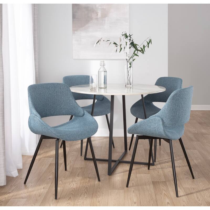 Cosmo-Fabrico Contemporary Dining Set In Black Metal, White Marble Tabletop And Blue Fabric By Lumisource - 5 Piece - Black Metal, White Marble, Blue Fabric
