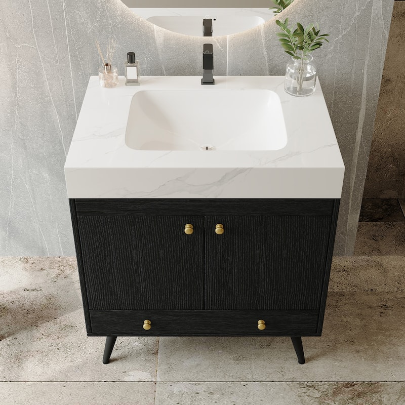 Contemporary 30" Freestanding Bathroom Vanity with Faux Marble Top & Ceramic Sink, Double Door Cabinet