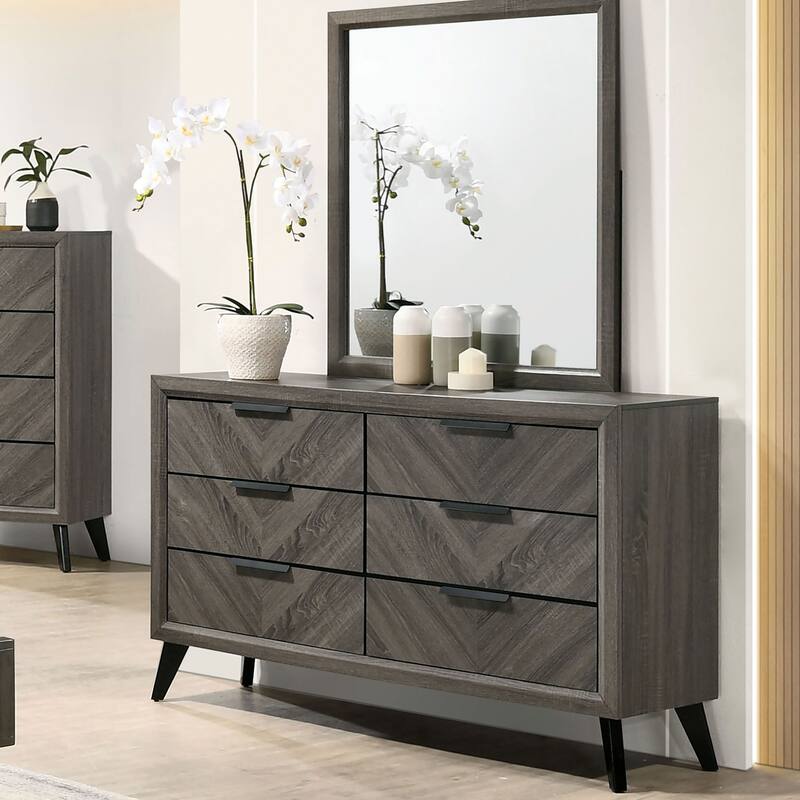 Ovex Contemporary Grey 59-inch Wide Solid Wood 6-Drawer 2-Piece Dresser and Mirror Set by Furniture of America - Grey
