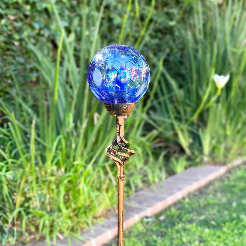 Exhart Solar Pearlized Honeycomb Glass Ball Garden Stake with Metal Finial, 4 by 31 Inches