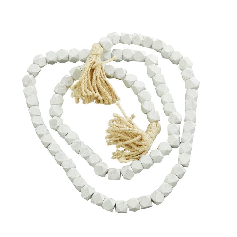 Bohemian Natural Wood Bead Garland with Cotton Tassels - 80 x 1 - White - Diamond
