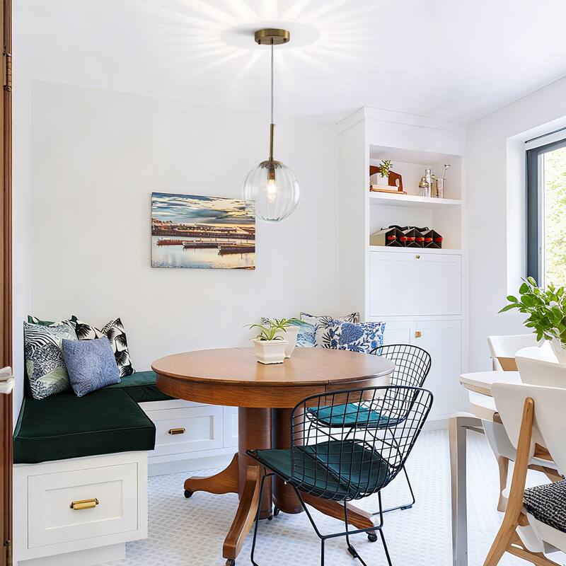 1-Light Brushed Gold Pendant Lighting with Clear Ribbed Glass Shade