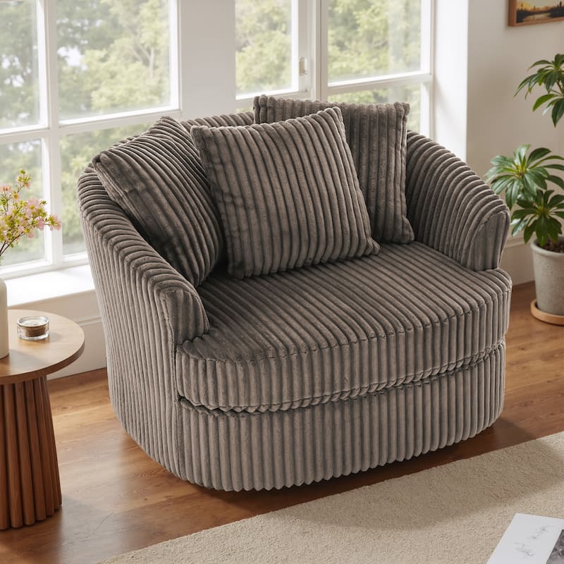 Oversized 43" W Plush Corduroy Recessed Arm Swivel Barrel Chair - Dark Camel