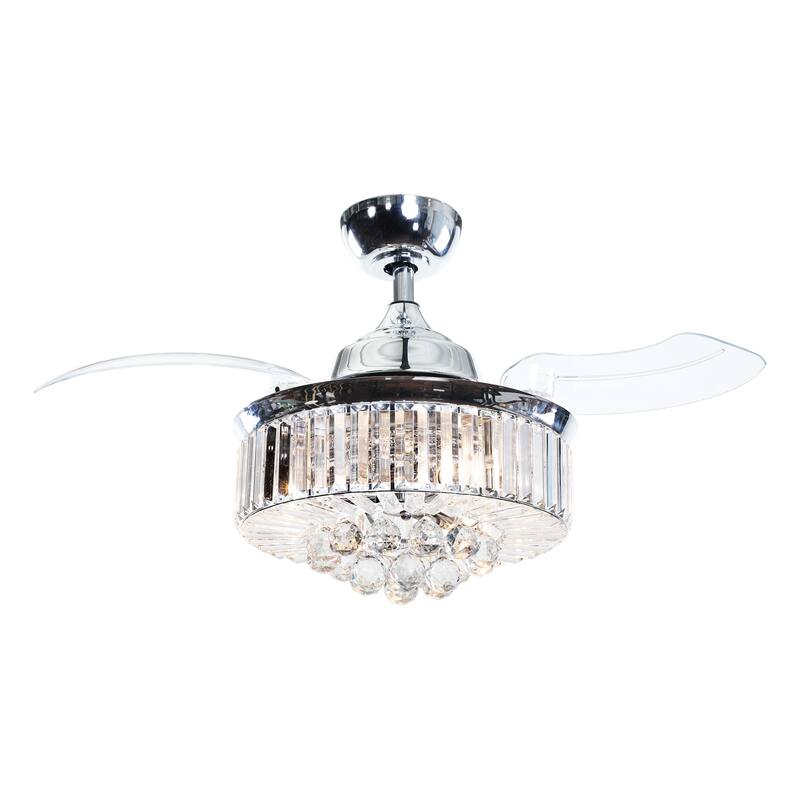 36-in Modern 3-Blade Chrome Retractable Crystal Chandelier Ceiling Fan with Remote and Light Kit - 36-in W x 18.8-in H