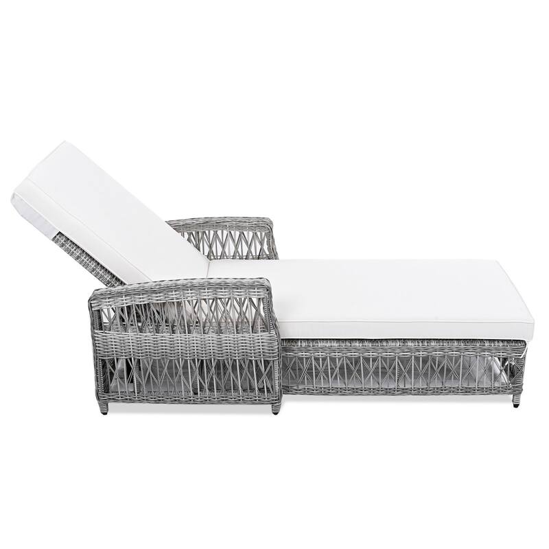 Outdoor Wicker Chaise Lounge, Patio Adjustable Recliner - Beige+Grey