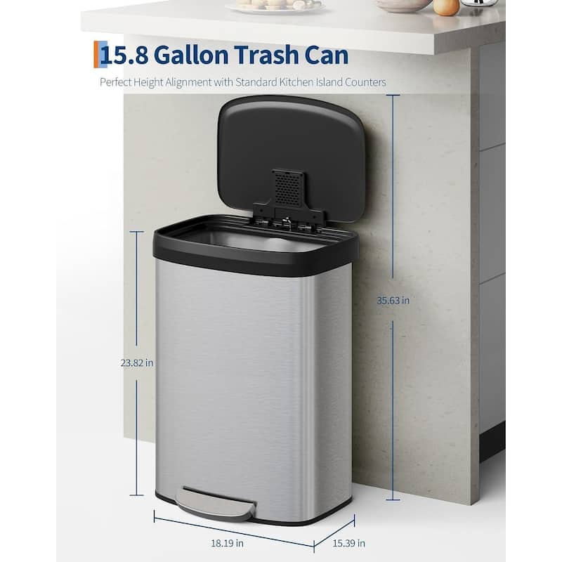 16 Gal Step-on Stainless Steel Trash Can with Soft-Close Lid for Home, Kitchen, Office