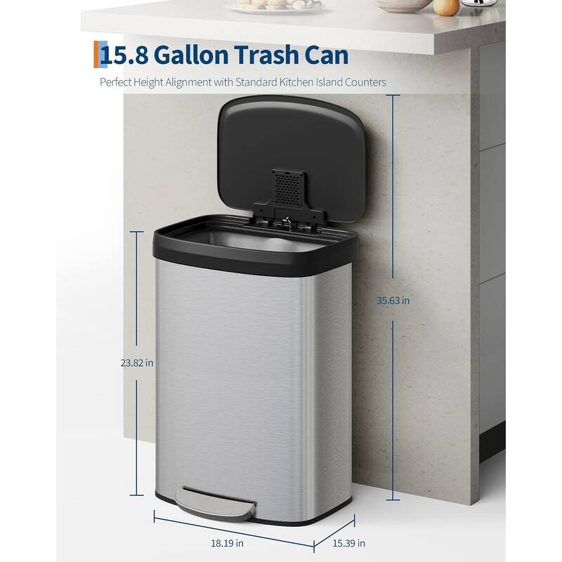 16 Gallon / 60 Liter Stainless Steel Trash Can,For Office, Bathroom, Dining Room