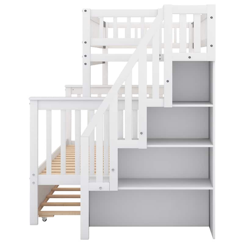 Solid Pinewood Bunk Bed Frame with Trundle Bed and Storage Staircase