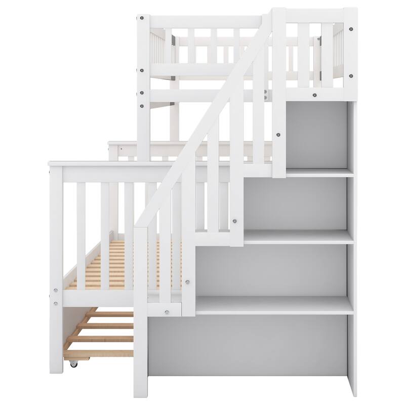 Twin Over Full Bunk Bed with Trundle and Storage Staircase