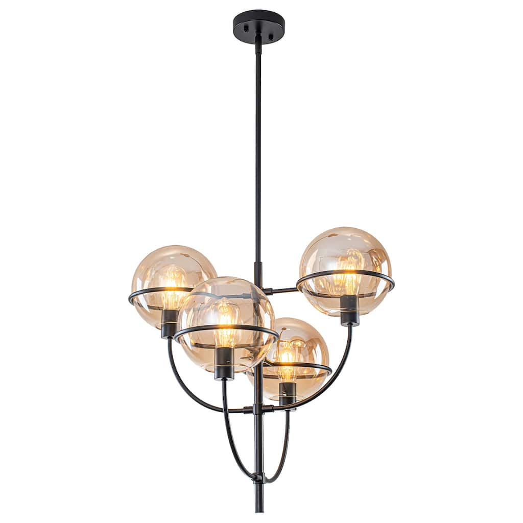 4-Light Industrial Matte Black Chandelier Amber Glass Globes Rustic - Dia.23.62-in