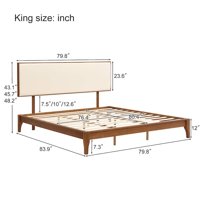 Solid Dry Bamboo Wood Platform Bed with Bamboo Frame, Upholstered Adjustable Headboard, Noise-Free Design, Easy Assembly