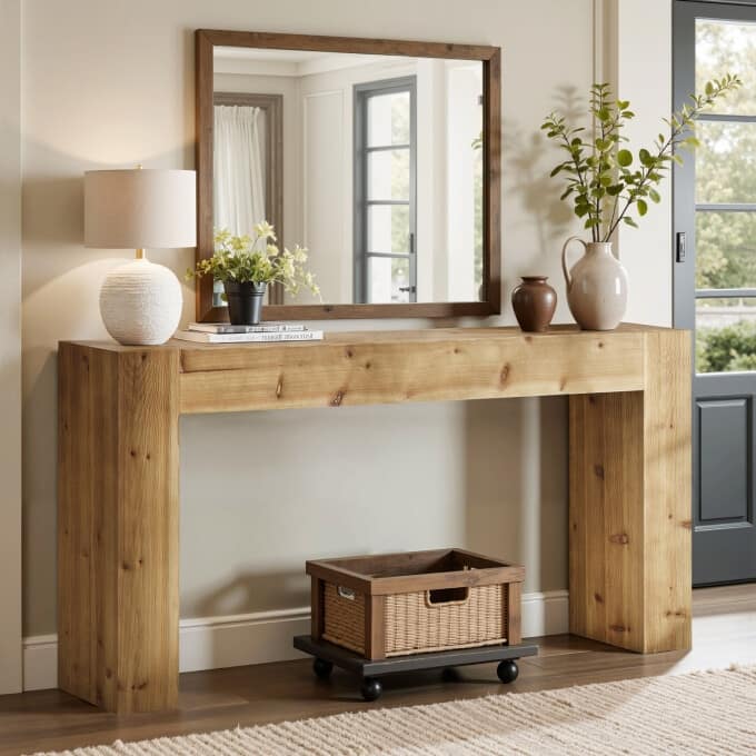 Farmhouse Solid Wood Entryway Table, 63-inch Console Sofa Table - Light Brown