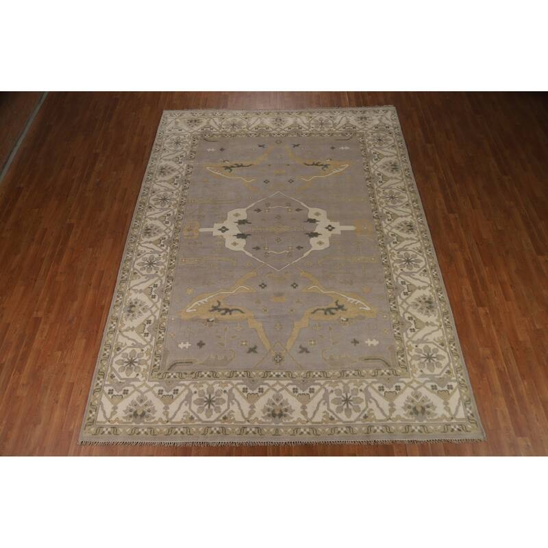 Earth Tone Oushak Indian Area Rug Handmade Beige Wool Carpet - 8'11" x 11'10"
