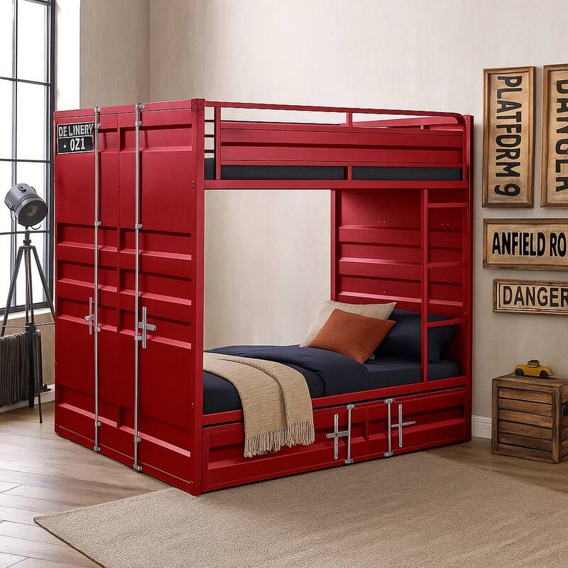 Industrial Style Full Size Bunk Bed with Recessed Panel Design, Red
