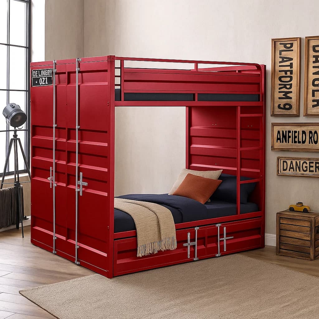Industrial Style Full Size Bunk Bed with Recessed Panel Design, Red