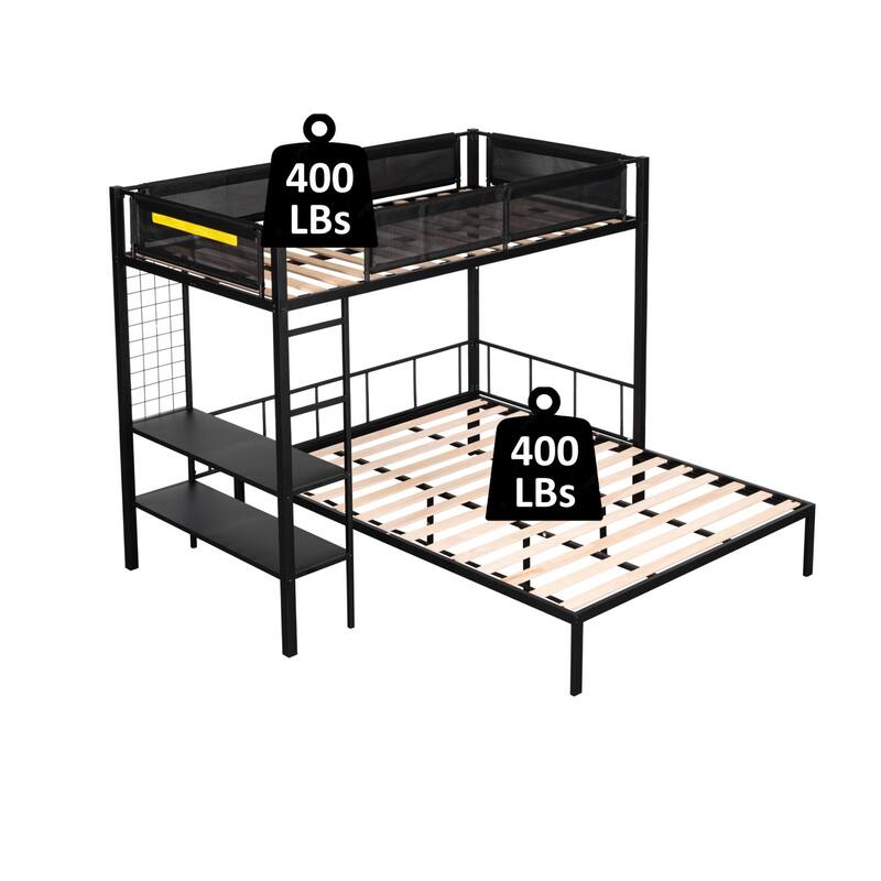 Twin Over Full Metal Bunk Bed with Built-in Shelves, Noise-Free Slats & Guardrails