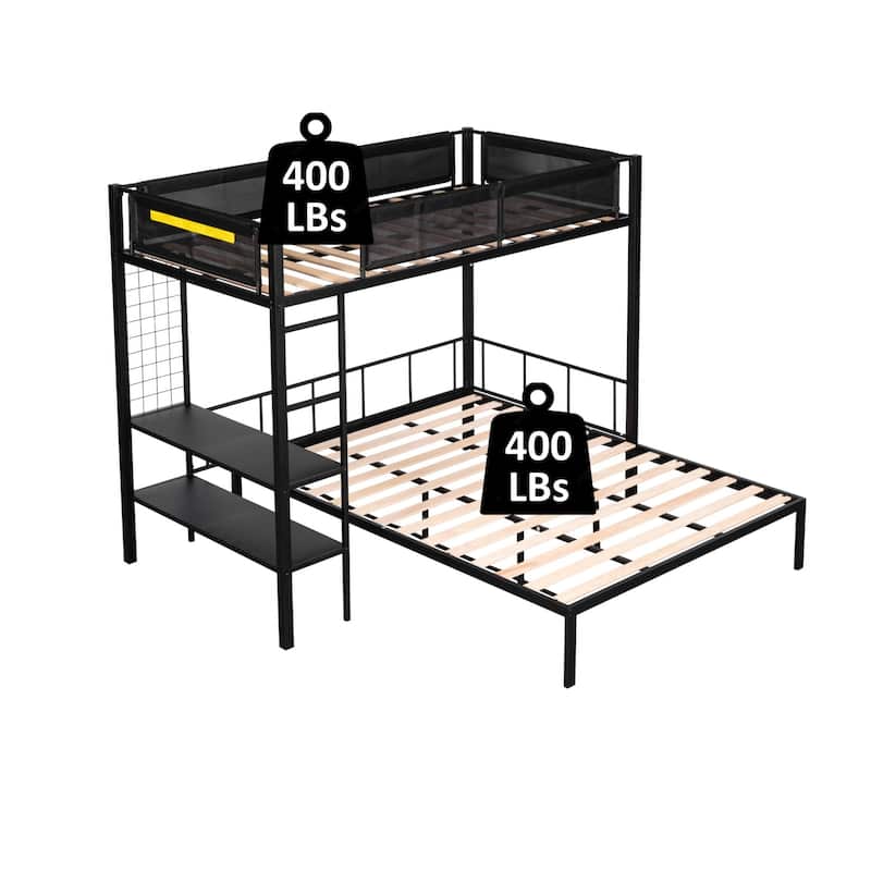 Twin over Full Size Metal Steel Bunk Bed with Shelves, Grid Panel, Sturdy Metal Bed Frame and Noise-free Wood Slats