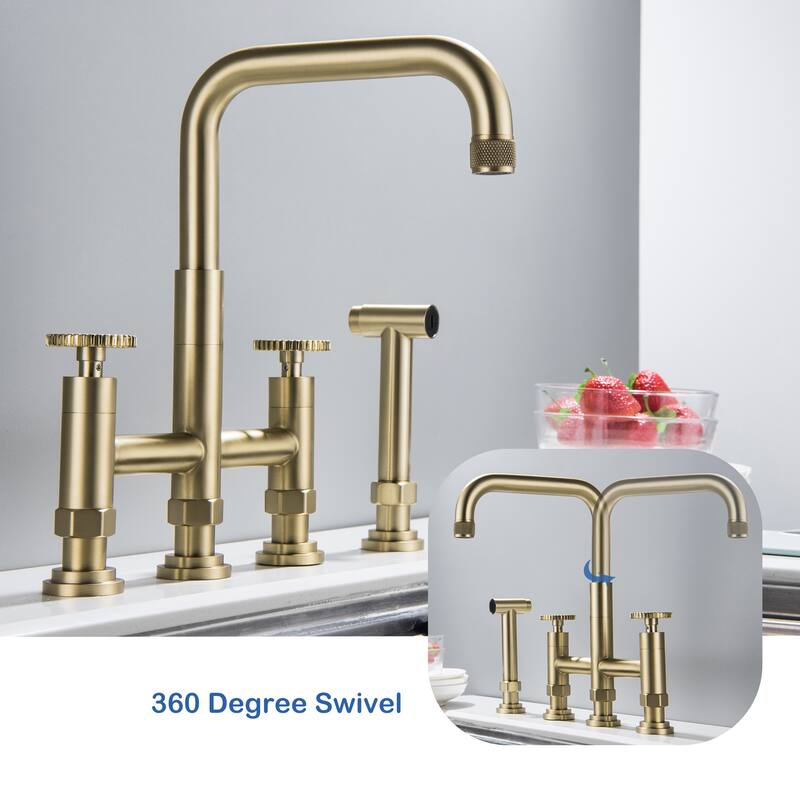 Antique 360 Swivel Bridge Kitchen Faucet with 28'' Slide Sprayer In Stainless Steel