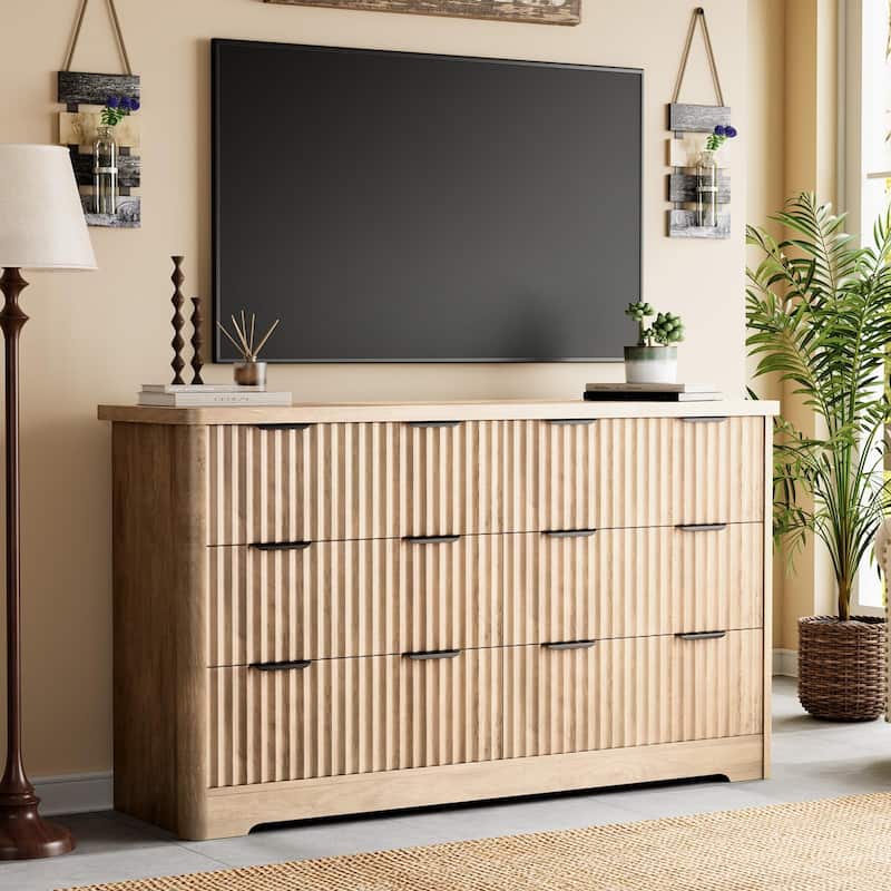 6 Drawer Dresser, Modern Fluted Dressers for Bedroom, Wooden Dresser & TV Stand,Clothes Storage