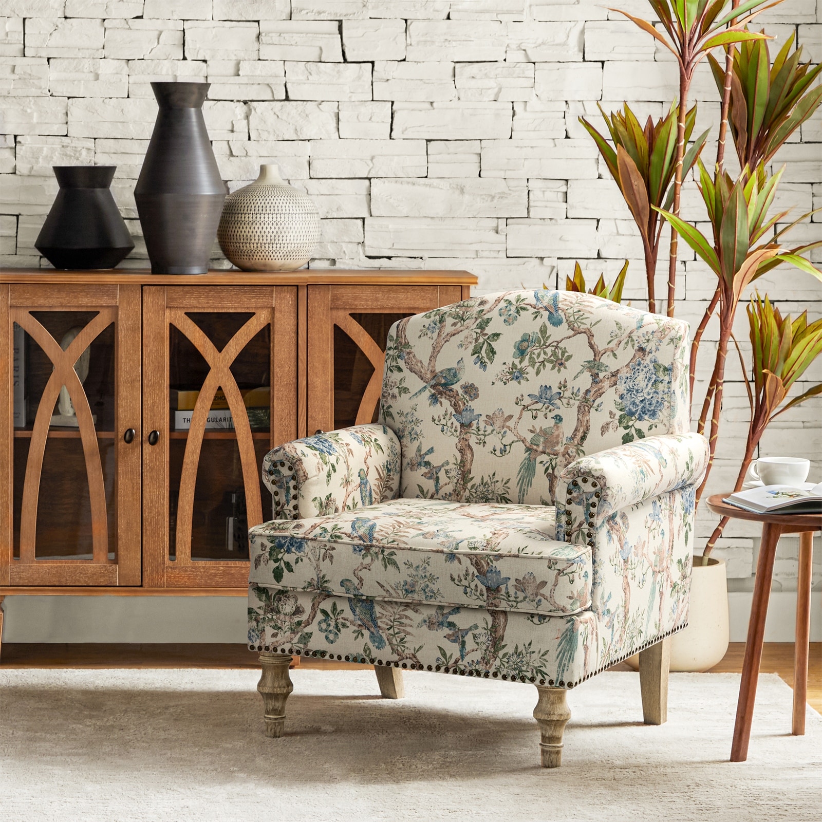 HULALA HOME Yahweh Transitional Nailhead Floral Armchair with Round Arms