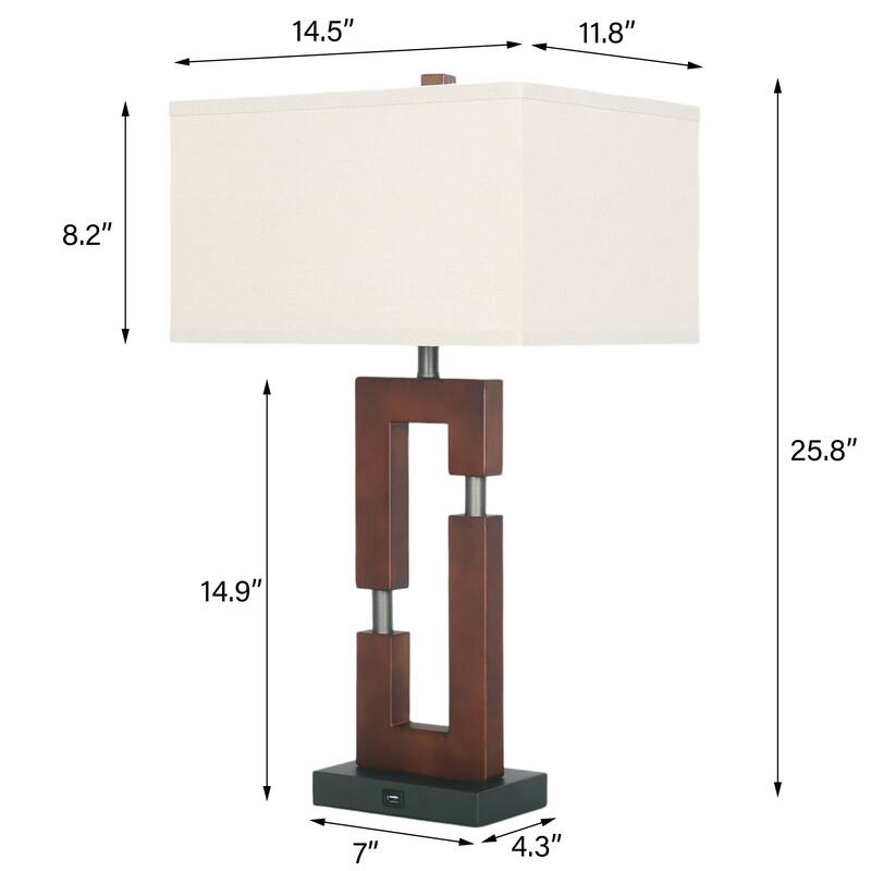 USB Wood Table Lamp With Cotton Shade Set of 2