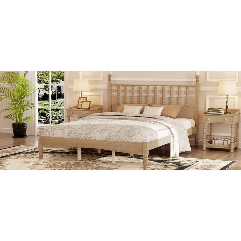 Natural Wood Queen Platform Bed with Curved Gourd Headboard, Vintage-Inspired Frame with Sturdy Slat Support