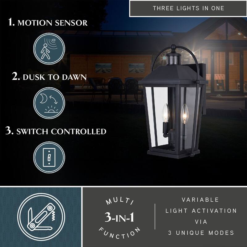 Lexington Aluminum Black Motion Sensor Dusk to Dawn Outdoor Wall Light Clear Glass