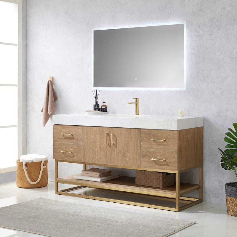 Alistair 60" Single Vanity with White Grain Stone Top and Mirror - 60" x 22"