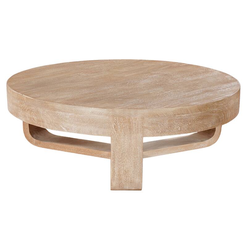 Milan Coffee Table, 32 Inch Round Top, Mango Wood with Sandblasted Natural Brown, Open Sled Base