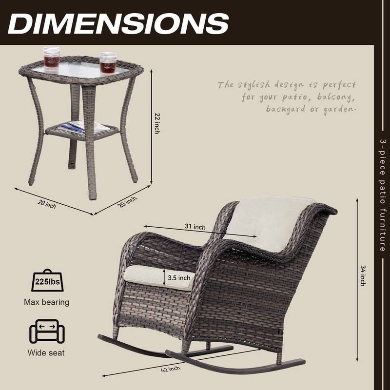 Cozywor 3-Piece Patio Wicker Outdoor Rocking Chair Set