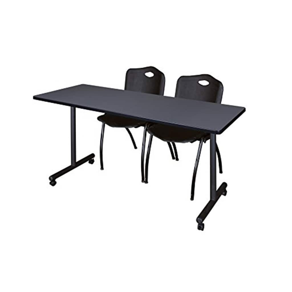 66" x 24" Mobile Training Table- Grey & 2 'M' Stack Chairs- Black