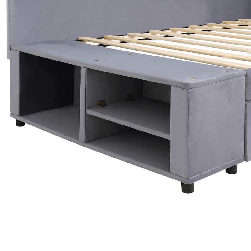 L-Shaped Twin size Upholstered Platform Bed with Storage and Drawers
