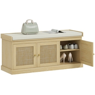 HOMCOM Shoe Bench with Woven Rattan Doors, Shoe Storage Bench with Cushion, Adjustable Shelves, Boho Style Entryway Bench