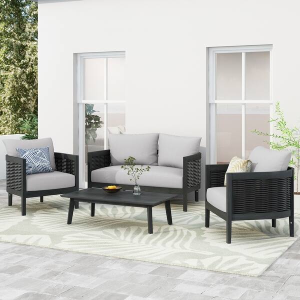 Burchett Outdoor Acacia Wood and Wicker 4 Seater Chat Set with Optional Sunbrella Cushions by Christopher Knight Home