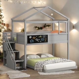 Twin over Full House Bunk Bed with Storage and Blackboard