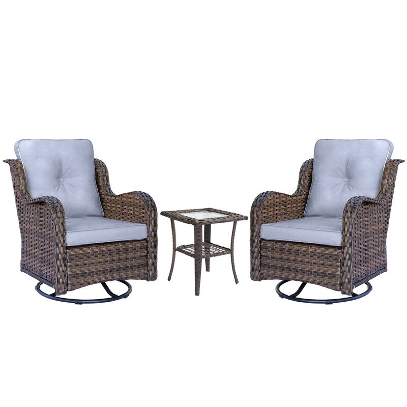3 Piece High Back Outdoor Wicker Patio Conversation Swivel Chairs Set