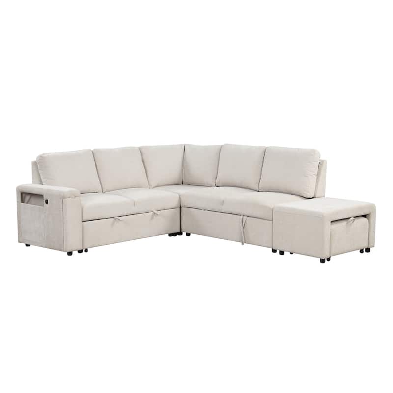 Convertible Sleeper Sectional Sofa with Pull-Out Bed & Storage, L-Shape Modular Sofa with Ottoman, USB Ports & Cup Holders