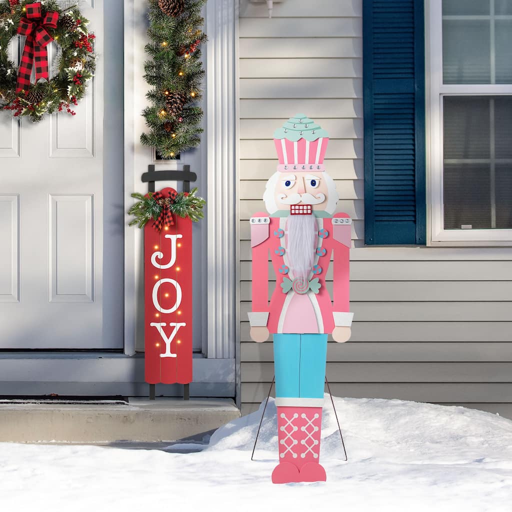 Glitzhome 60"H Christmas Wooden Pink Nutcracker Porch Decor - Blue