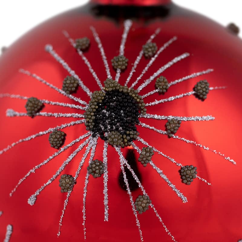 3.5" Red and Brown Beaded Bursting Snowflake Glass Christmas Ball Ornament