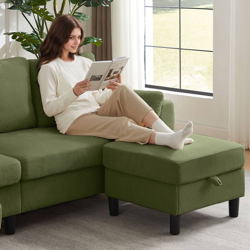 101'' Corduroy Upholstered Sectional Sofa With Storage Ottoman
