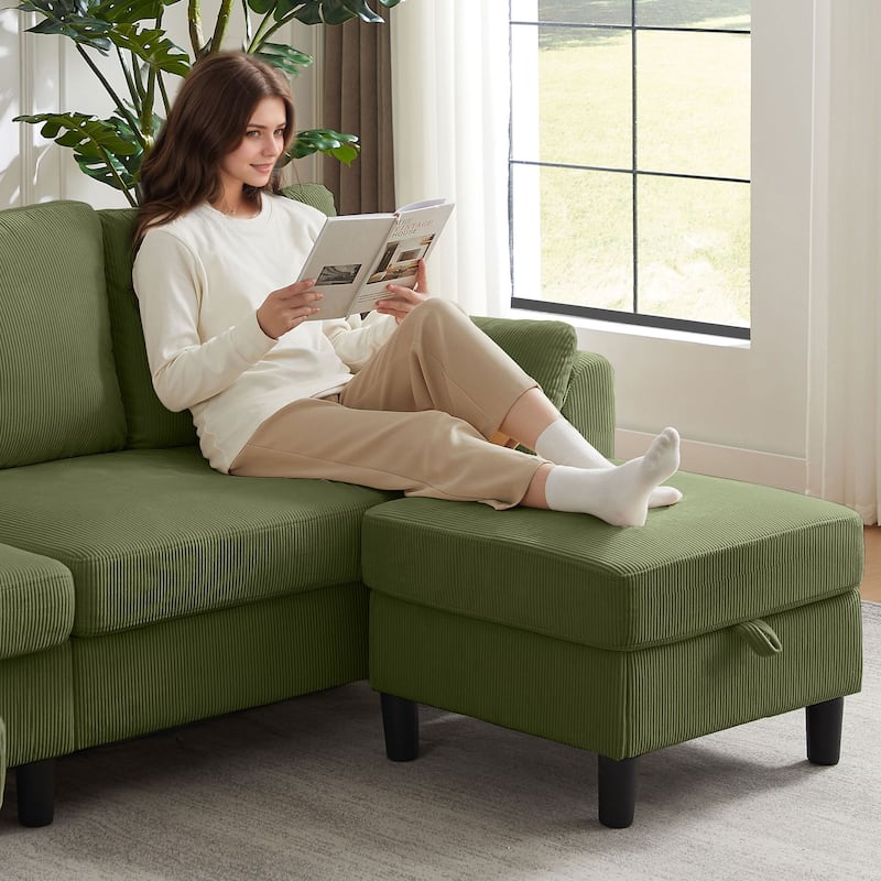 101'' Corduroy Upholstered Sectional Sofa With Storage Ottoman
