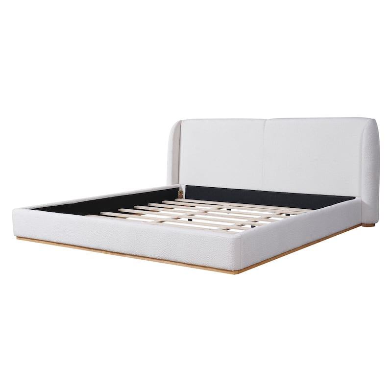 Upholstered Bed Frame with Wingback Headboard/Soft Pack Platform Bed Frame/Solid Wood Base/No Box Spring Needed/Noise-Free/White