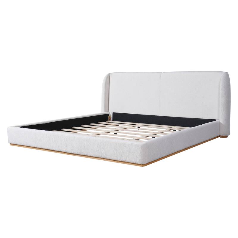 White Low Profile Platform Bed Ground Bed Boucle Frame with Upholstered Wingback Headboard
